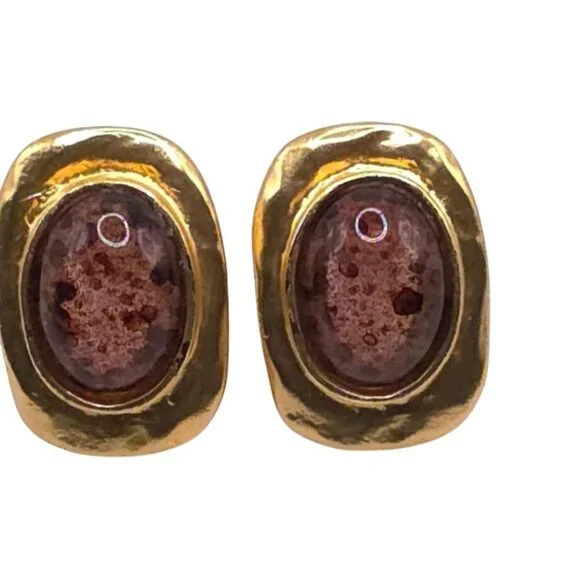 Vintage Gold-Tone Clip-On Earrings With Red Stone Cabochons Oval Shape - Picture 2 of 4